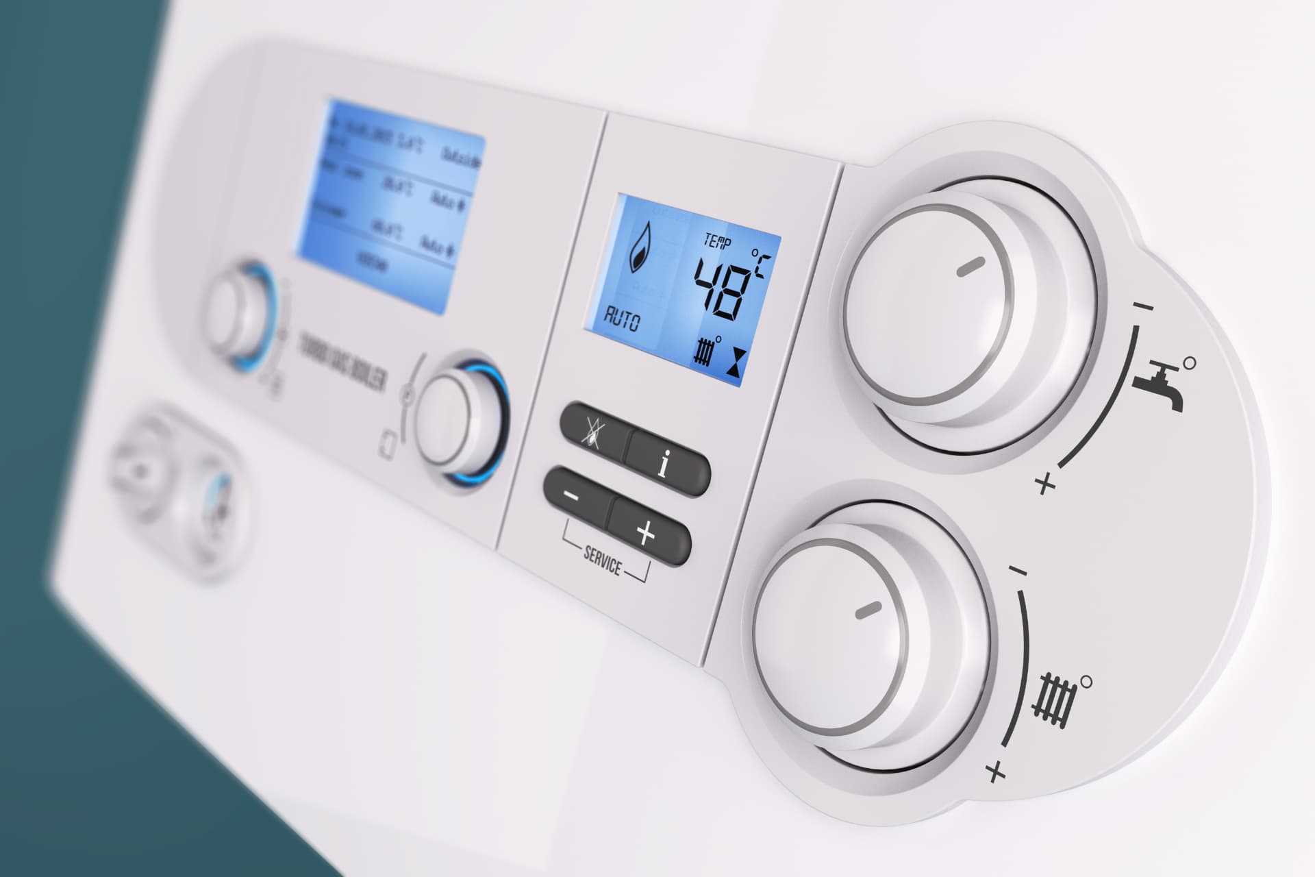 Close-up of combi boiler controls and digital display, Liverpool